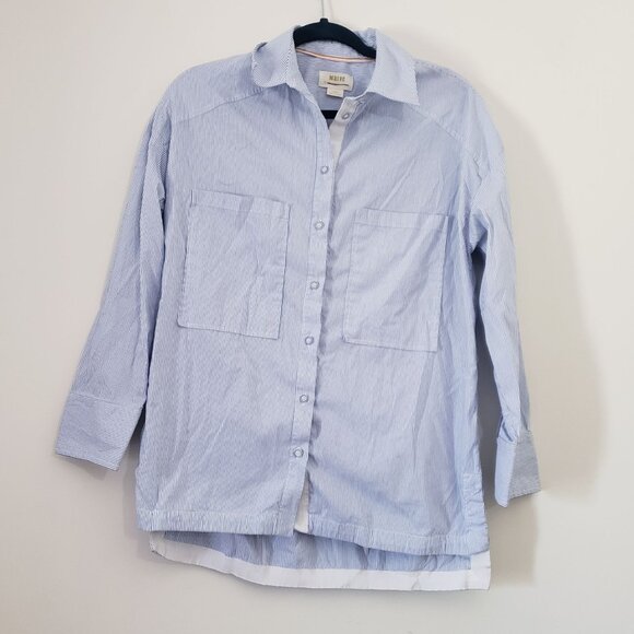 Maeve Anthropologie Blue White Striped Button-Up Shirt Womens XS Casual Chic - Picture 1 of 6